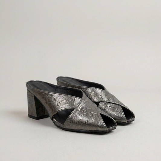 PLUXSTYLE::numise::womens-square-toe-cross-strap-mules::closeup-detail