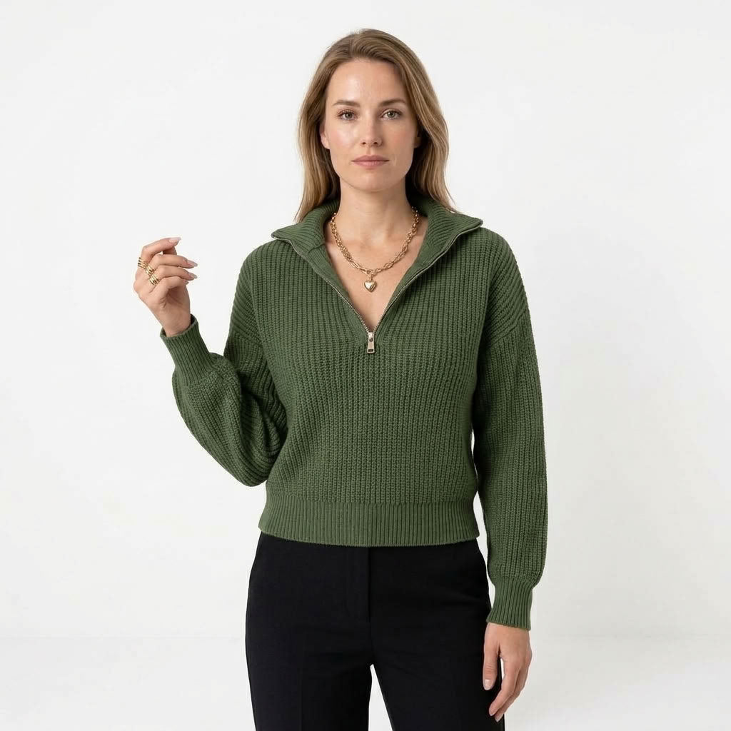 Avery | Winterpullover für Damen mit halbem Reißverschluss, Kragen und Strickmuster