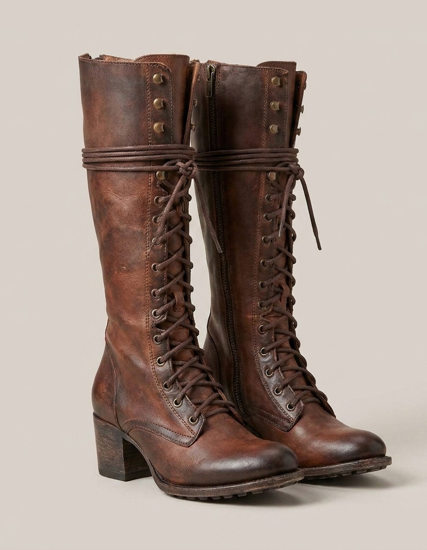 PLUXSTYLE::numise::womens-lace-up-knee-high-boots::pack-brown