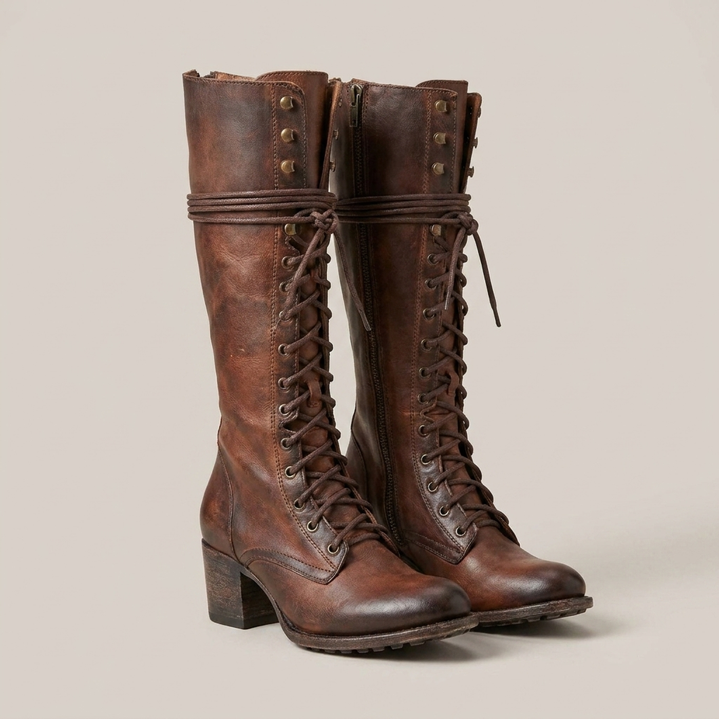 PLUXSTYLE::numise::womens-lace-up-knee-high-boots::pack-brown