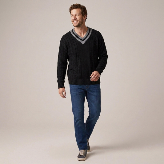 PLUXSTYLE::numise::mens-contrast-trim-v-neck-sweater::front