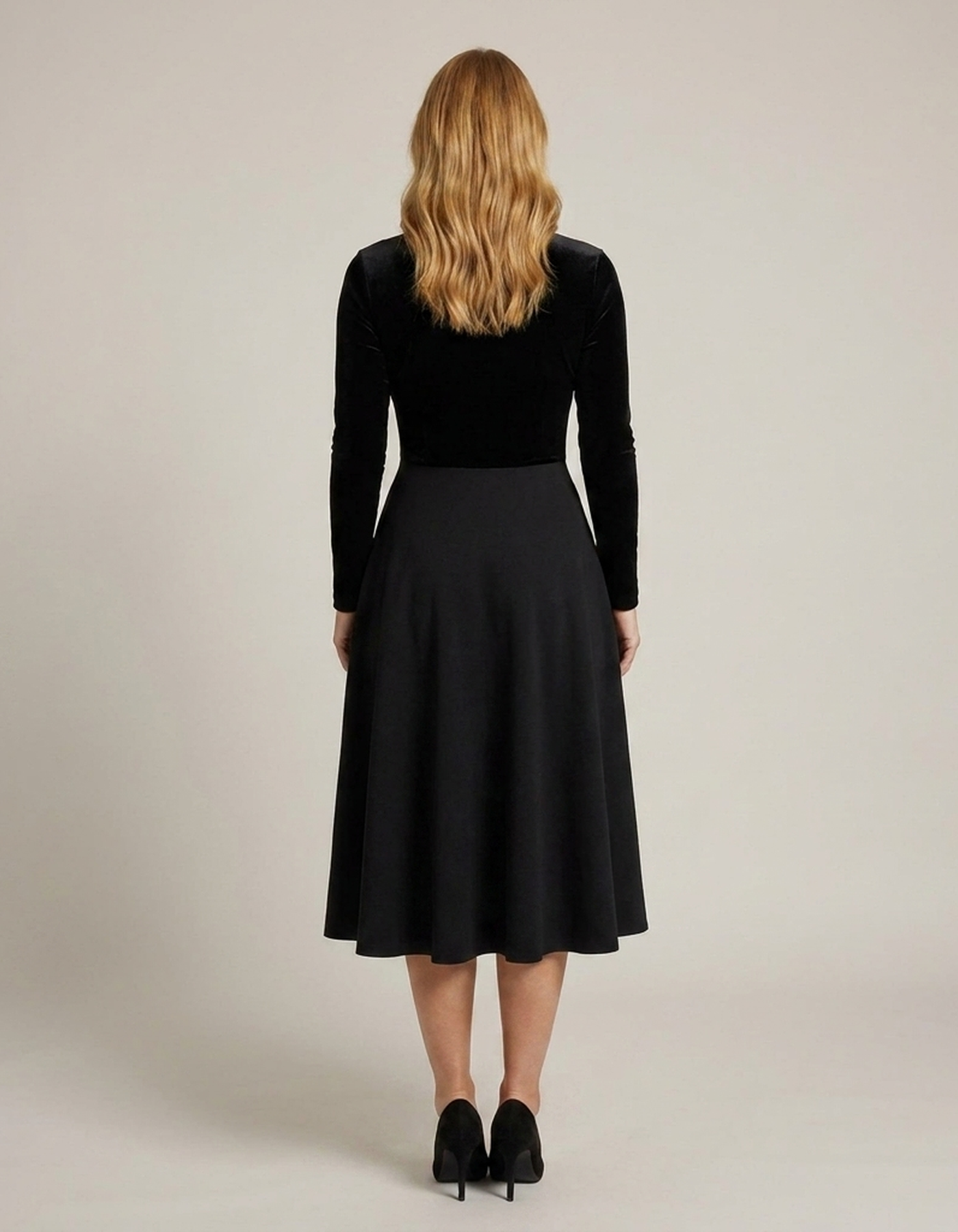 PLUXSTYLE::numise::ava-black-fit-and-flare-midi-dress::back