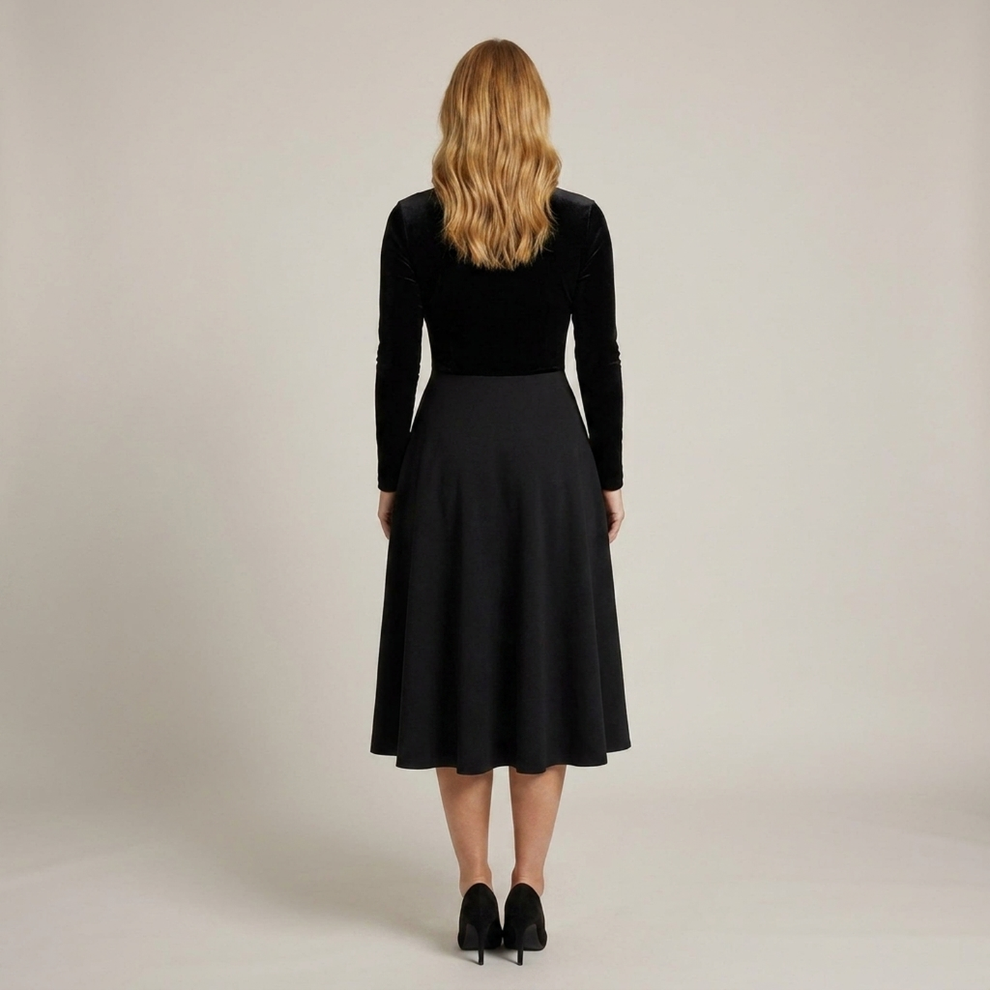 PLUXSTYLE::numise::ava-black-fit-and-flare-midi-dress::back