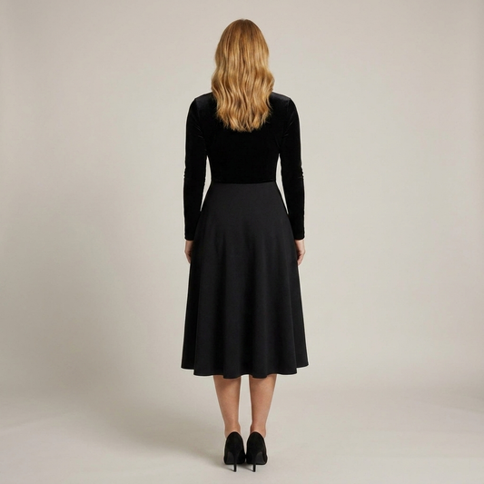 PLUXSTYLE::numise::ava-black-fit-and-flare-midi-dress::back