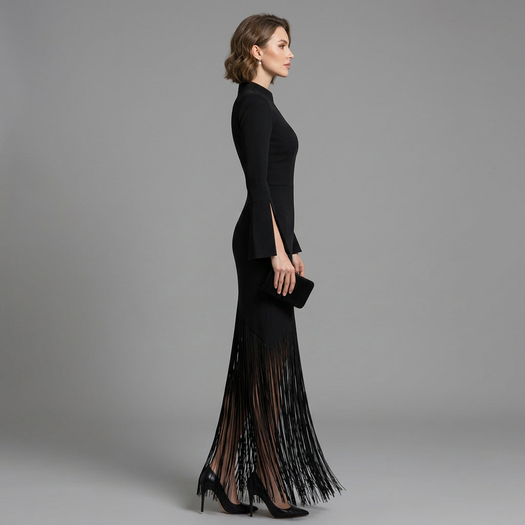 Avery | Women's Fringe Hem Long Sleeve Maxi Dress