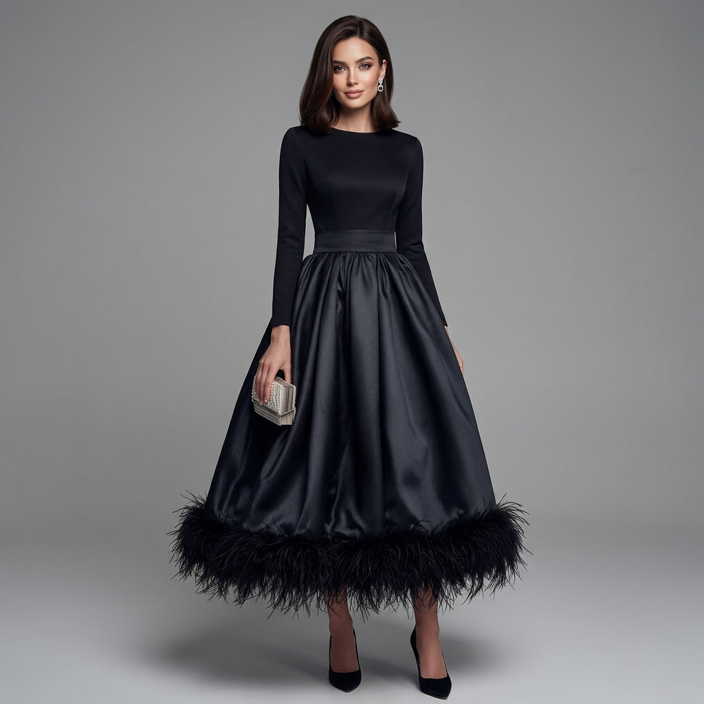 Avery | Women's Long Sleeve Feather Trim Midi Dress