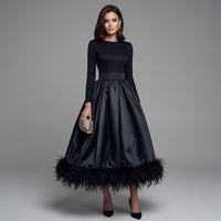 Avery | Women's Long Sleeve Feather Trim Midi Dress