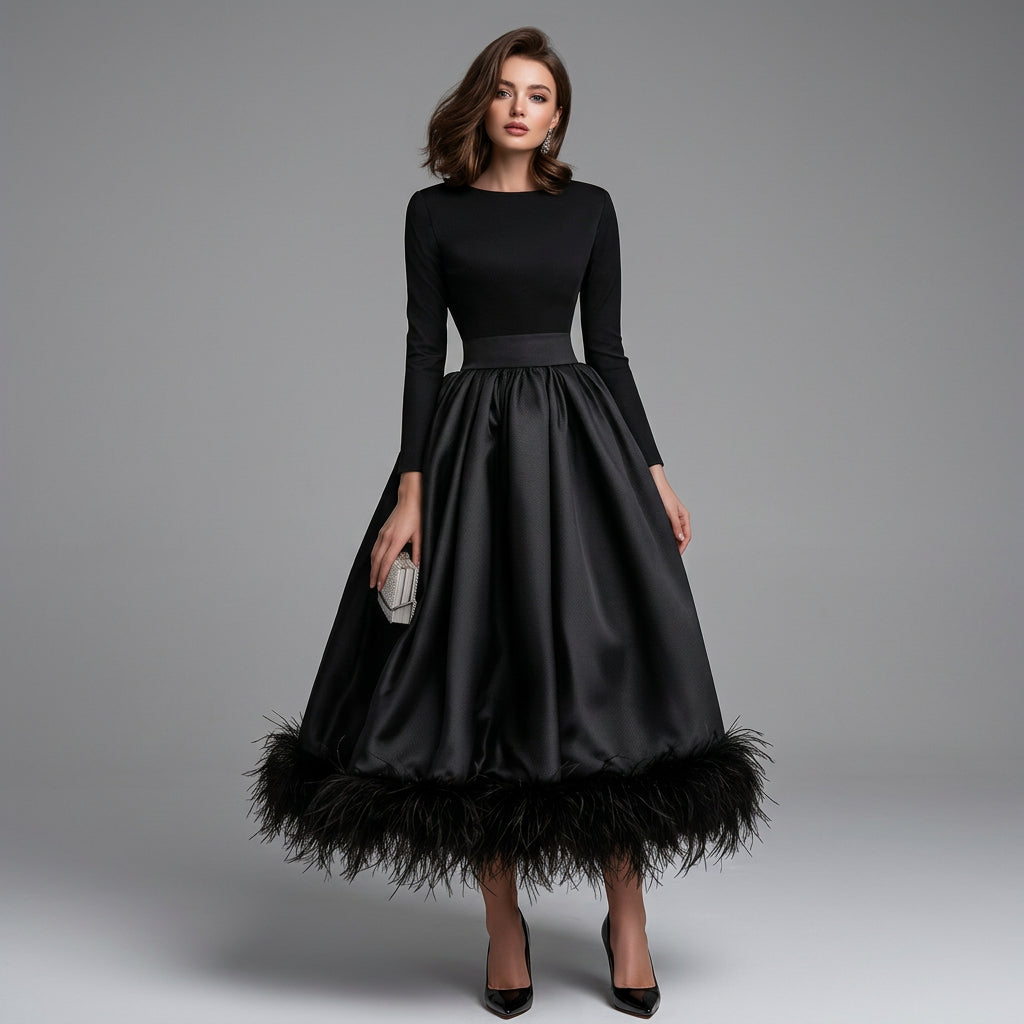 Avery | Women's Long Sleeve Feather Trim Midi Dress