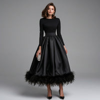Avery | Women's Long Sleeve Feather Trim Midi Dress