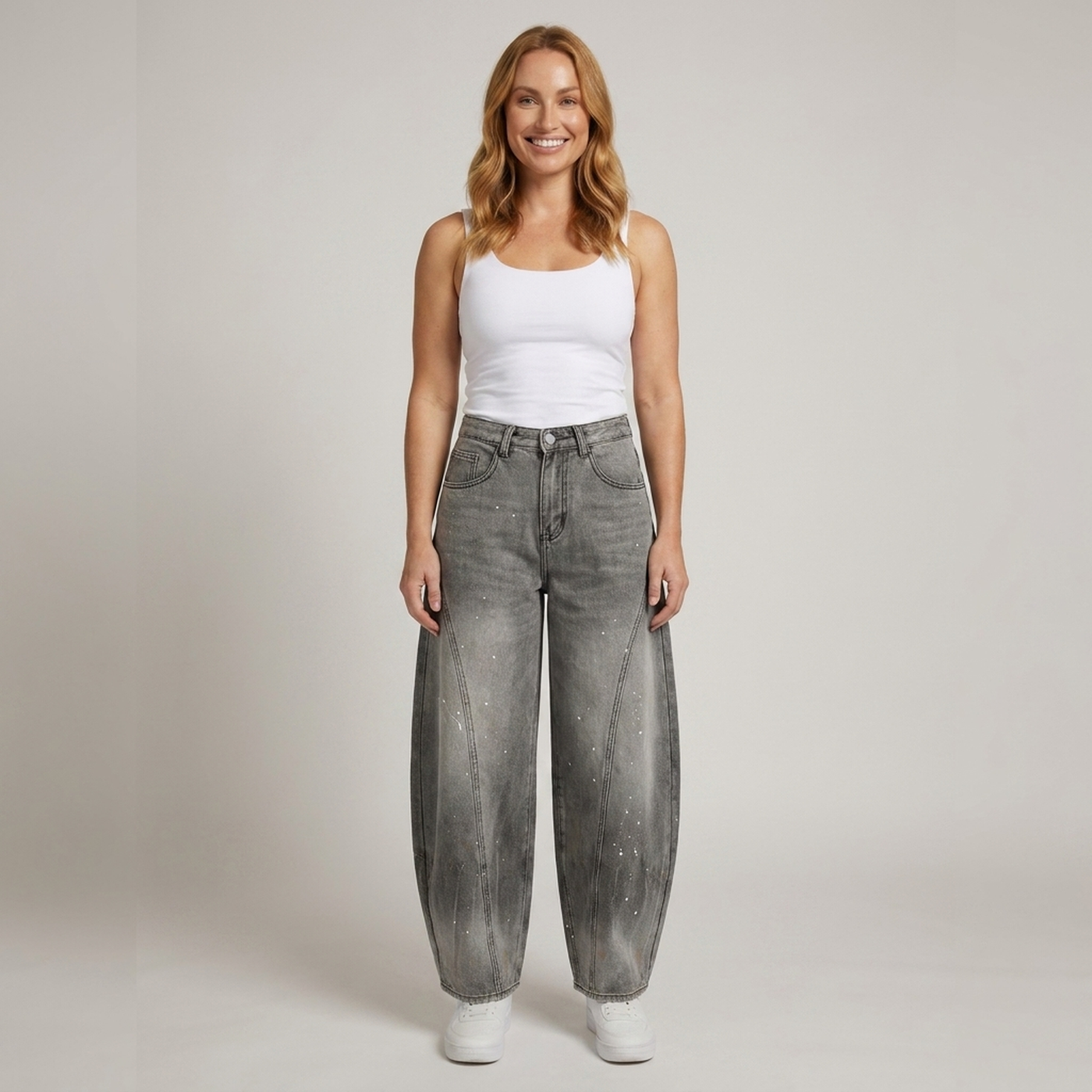 PLUXSTYLE::numise::barrel-leg-jeans-in-ink-grey::front