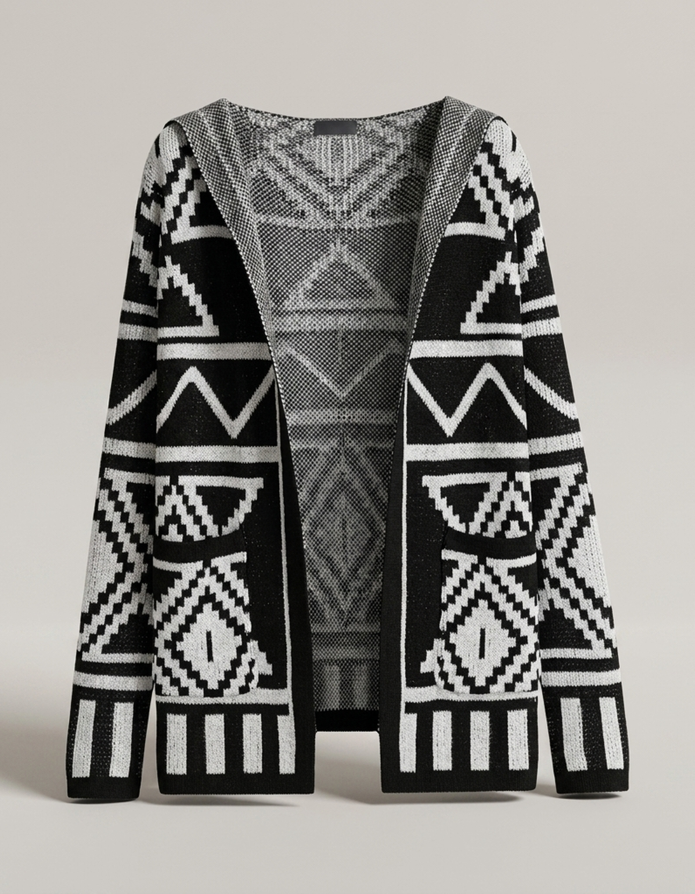 PLUXSTYLE::numise::adam-geometric-hooded-cardigan::pack-black