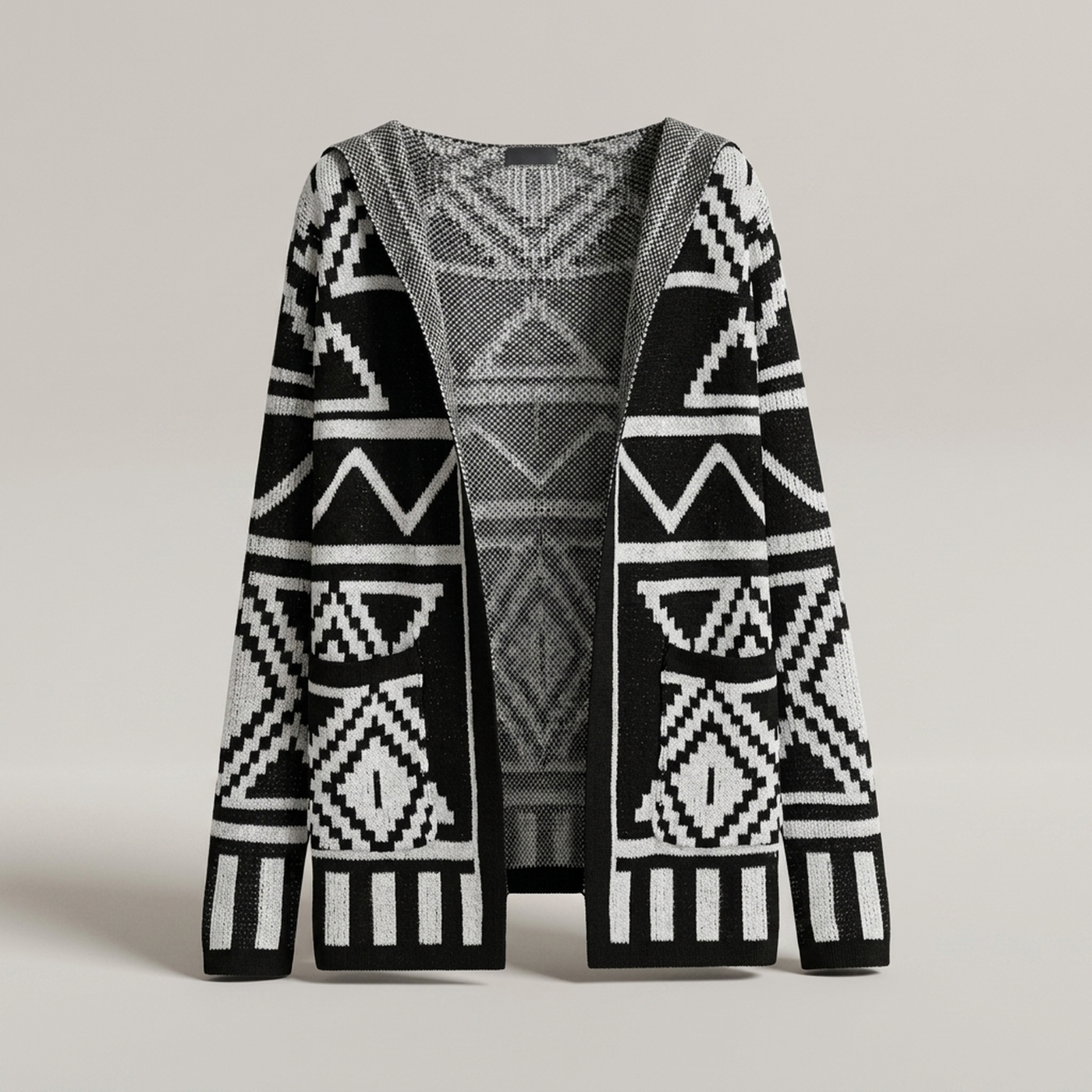 PLUXSTYLE::numise::adam-geometric-hooded-cardigan::pack-black
