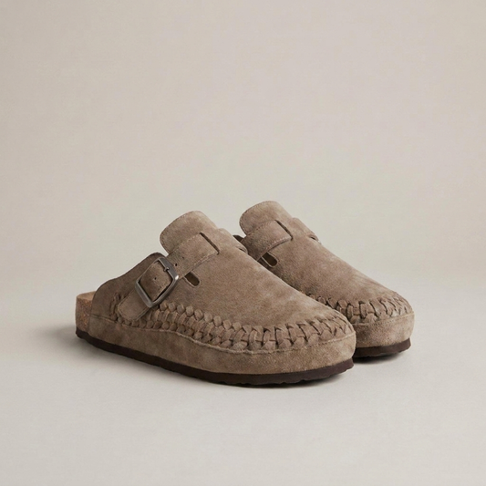 PLUXSTYLE::numise::aurelio-taupe-clog-footwear::closeup-detail