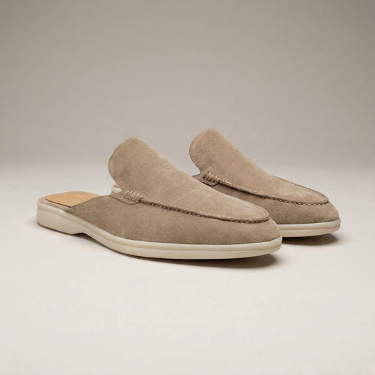 PLUXSTYLE::numise::mens-moc-toe-backless-loafers::closeup-detail