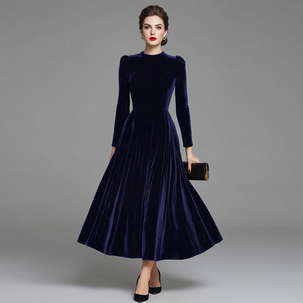 Peyton | Women's Winter Velvet High-Neck Midi Dress