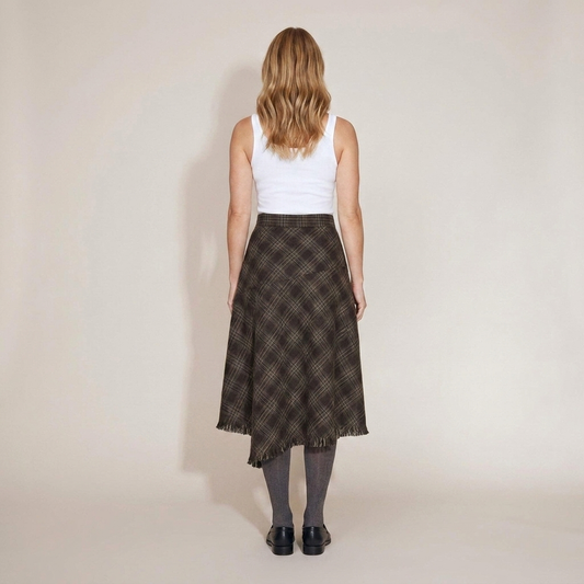 PLUXSTYLE::numise::annie-asymmetric-plaid-fringe-skirt::back