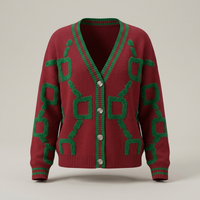 PLUXSTYLE::numise::geometric-v-neck-cardigan::pack-burgundy