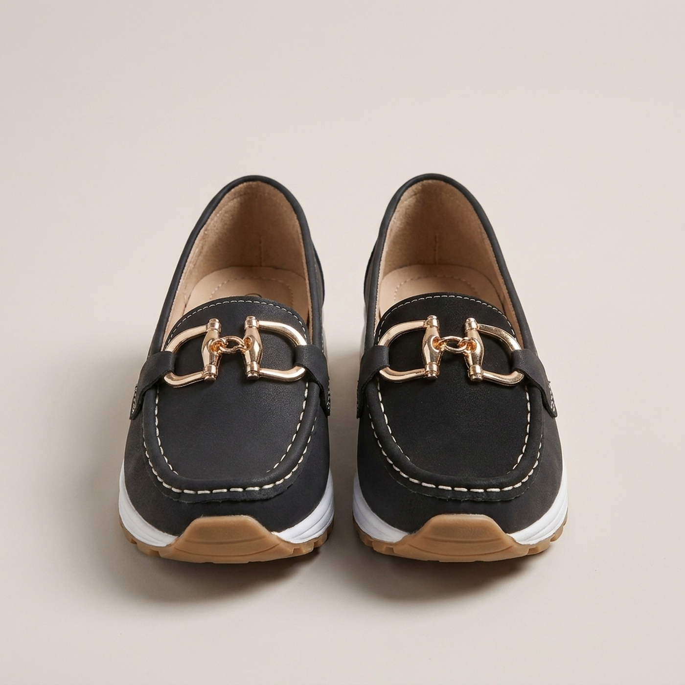 PLUXSTYLE::numise::ava-gold-buckle-comfort-loafers::pack-black