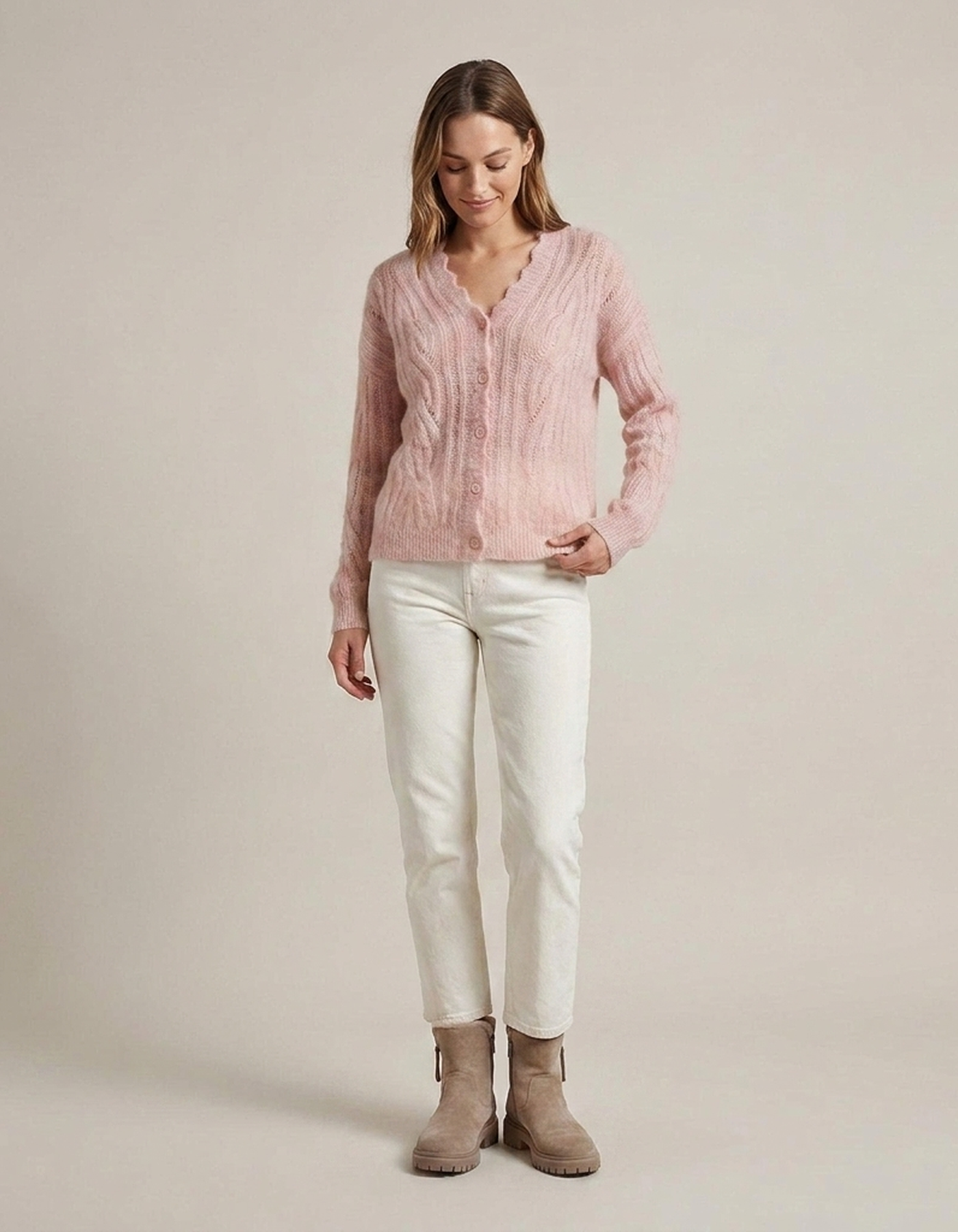 PLUXSTYLE::numise::aki-scalloped-neck-sheer-cardigan::front