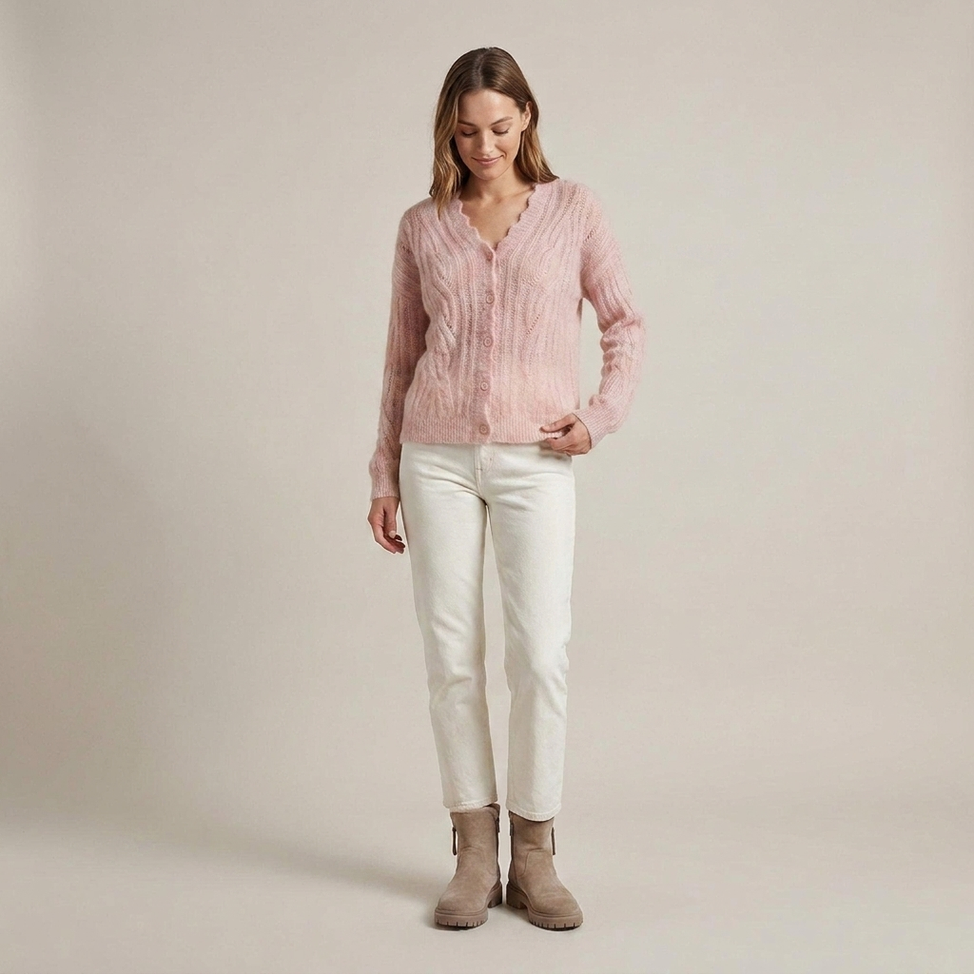 PLUXSTYLE::numise::aki-scalloped-neck-sheer-cardigan::front