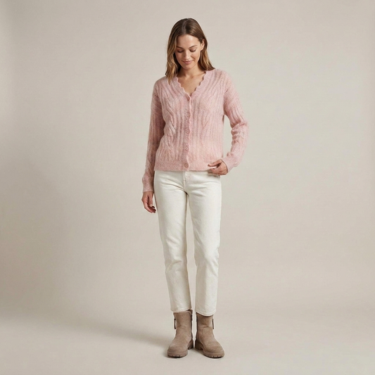 PLUXSTYLE::numise::aki-scalloped-neck-sheer-cardigan::front