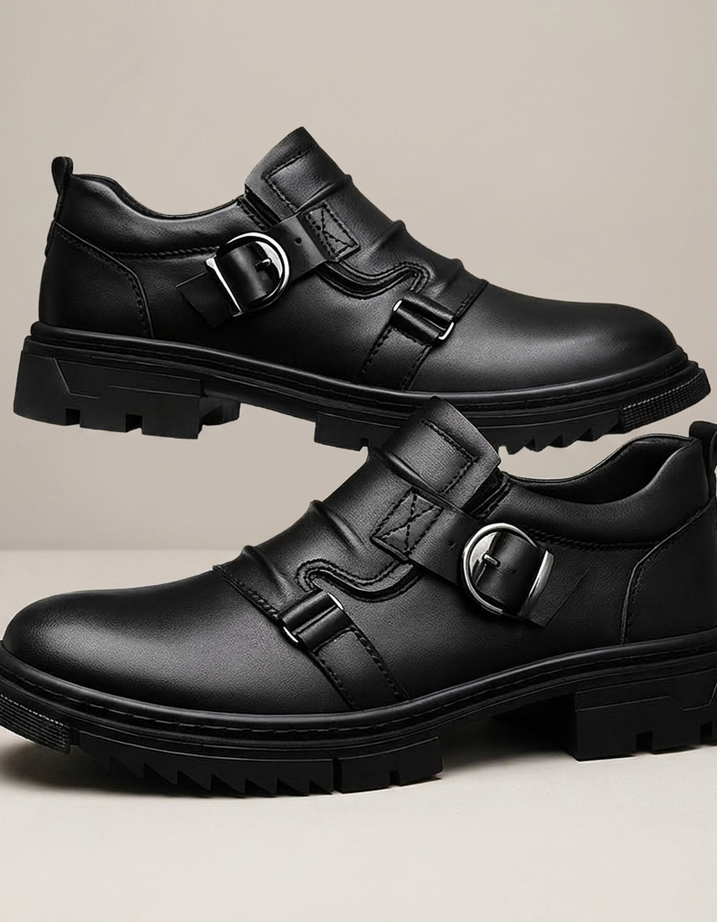 PLUXSTYLE::numise::mens-dual-buckle-lug-sole-footwear::closeup-hero