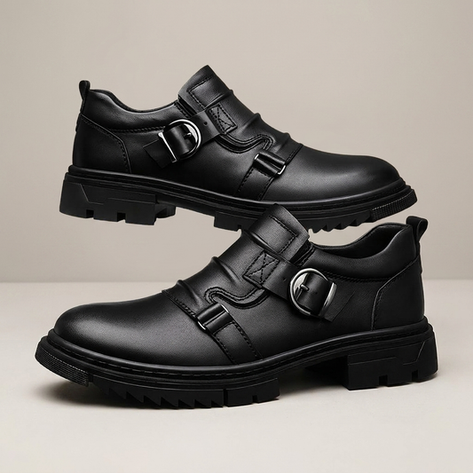 PLUXSTYLE::numise::mens-dual-buckle-lug-sole-footwear::closeup-hero