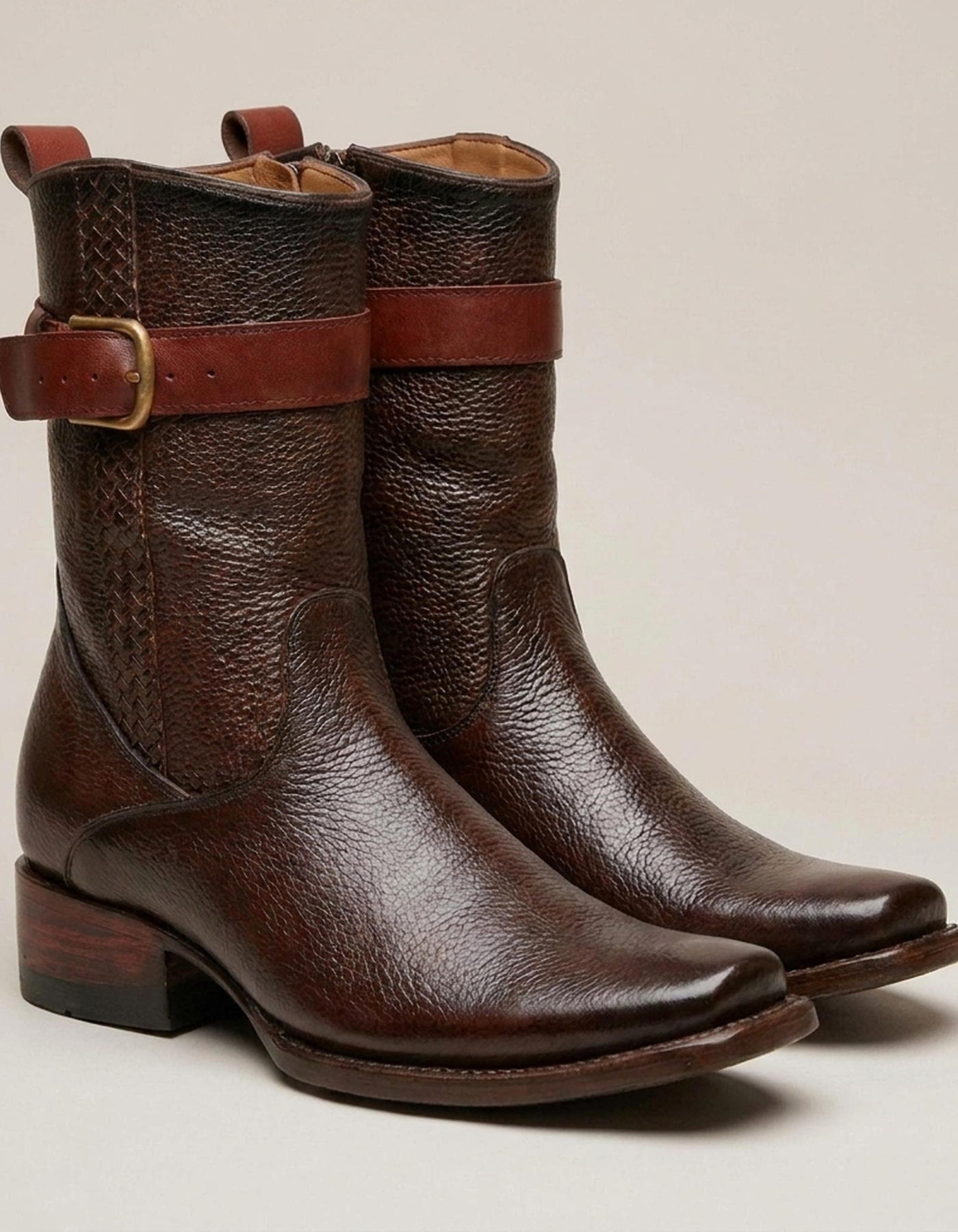 PLUXSTYLE::numise::mens-polished-dark-brown-boots::closeup-detail