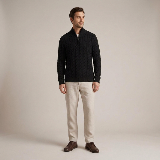 PLUXSTYLE::numise::mens-cable-zip-neck-sweater::front