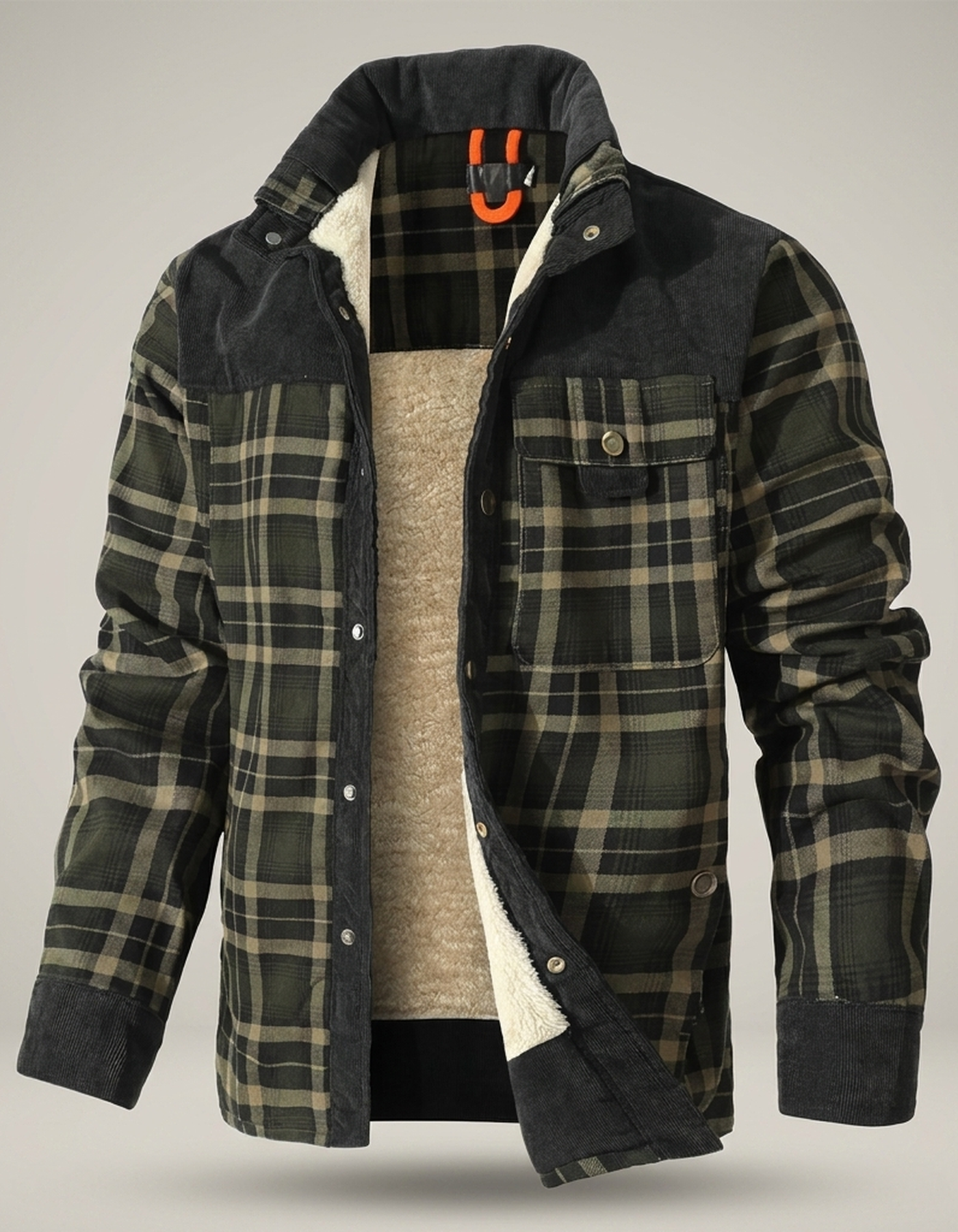 PLUXSTYLE::numise::mens-relaxed-fit-plaid-parka::pack-green-and-black