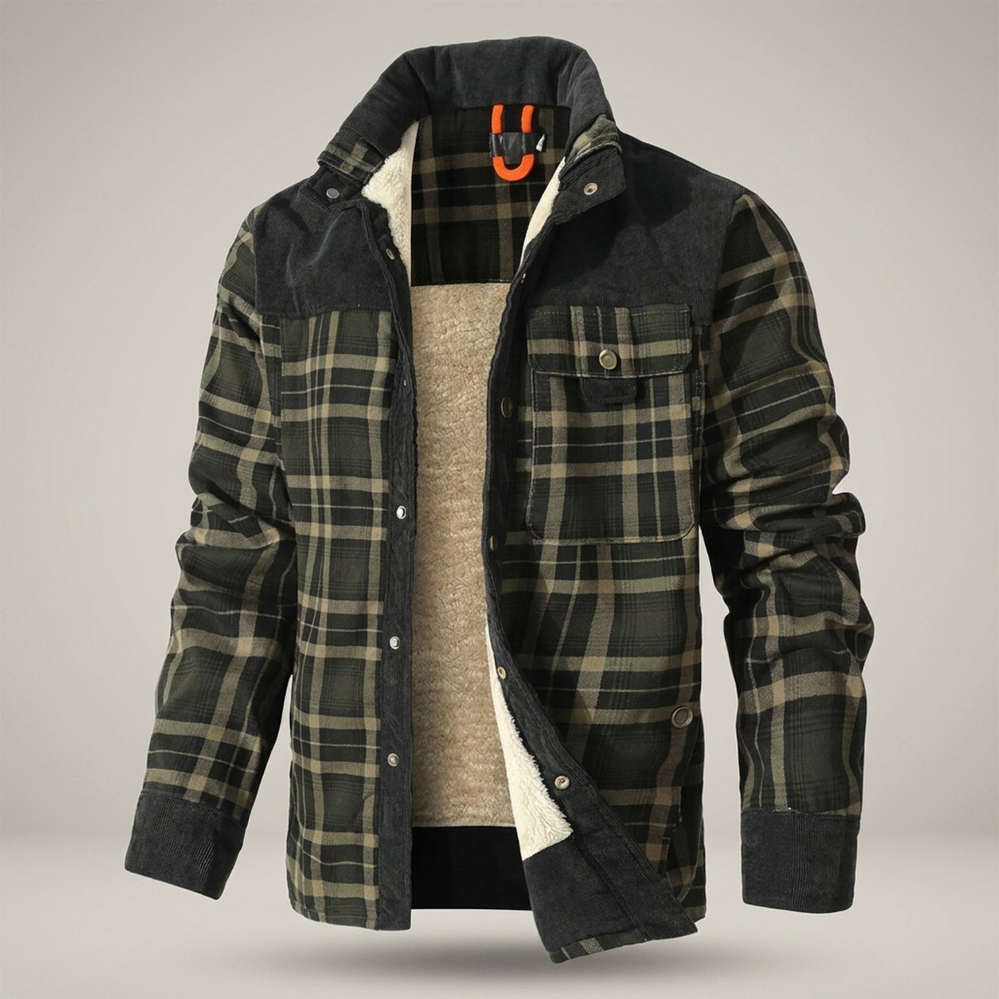 PLUXSTYLE::numise::mens-relaxed-fit-plaid-parka::pack-green-and-black