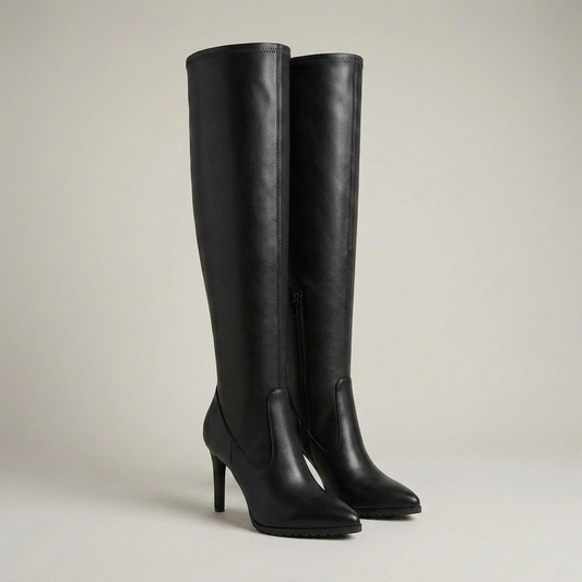PLUXSTYLE::numise::womens-slim-heel-knee-high-boots::closeup-detail