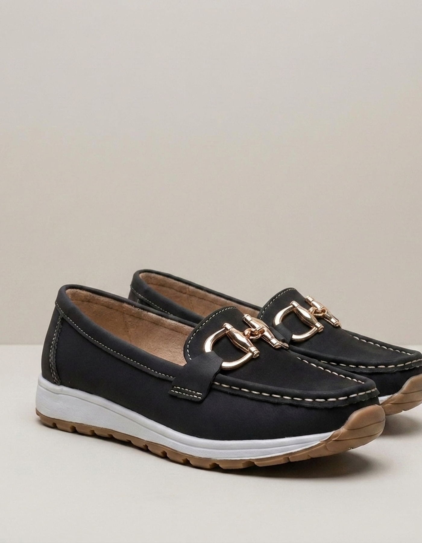 PLUXSTYLE::numise::ava-gold-buckle-comfort-loafers::closeup-detail