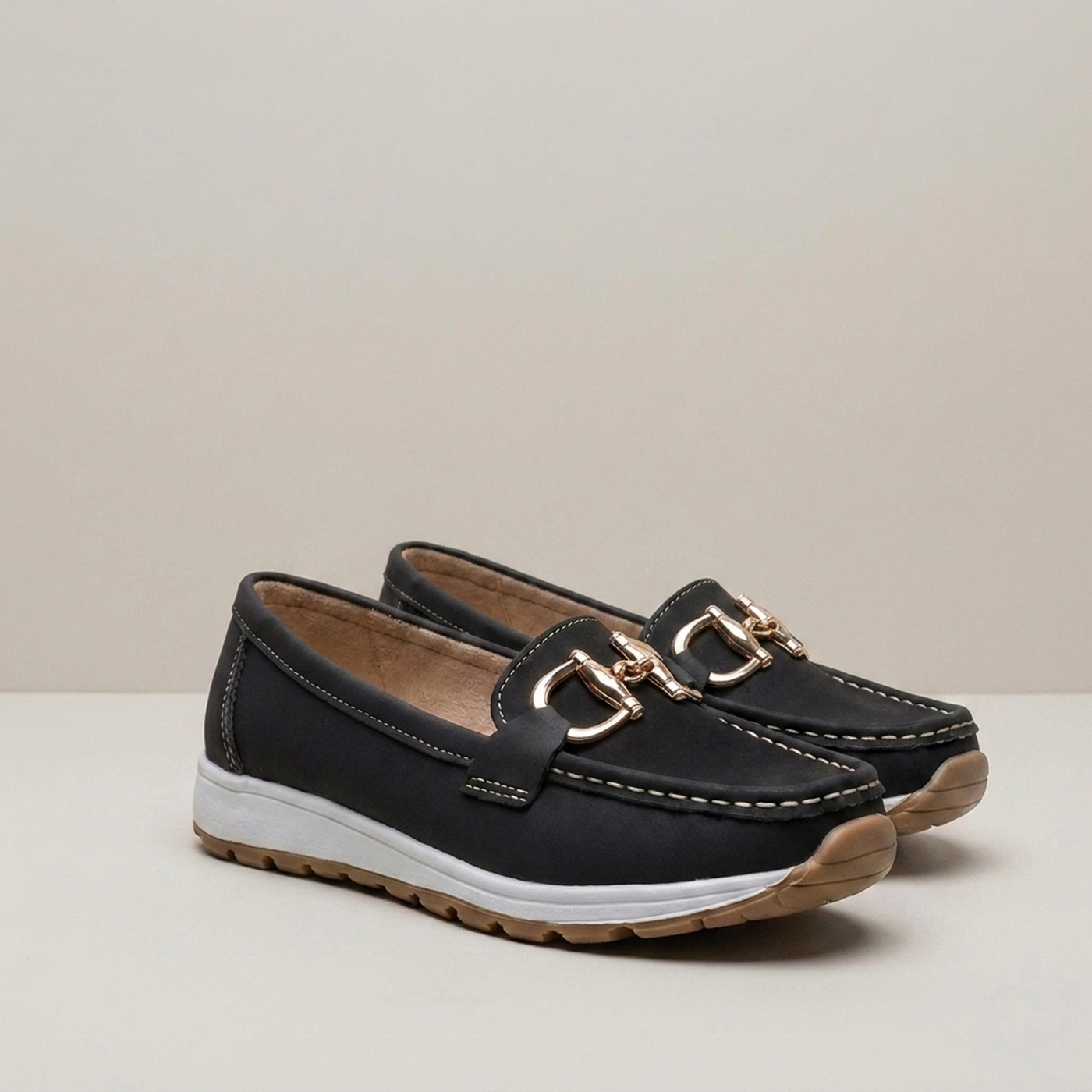 PLUXSTYLE::numise::ava-gold-buckle-comfort-loafers::closeup-detail