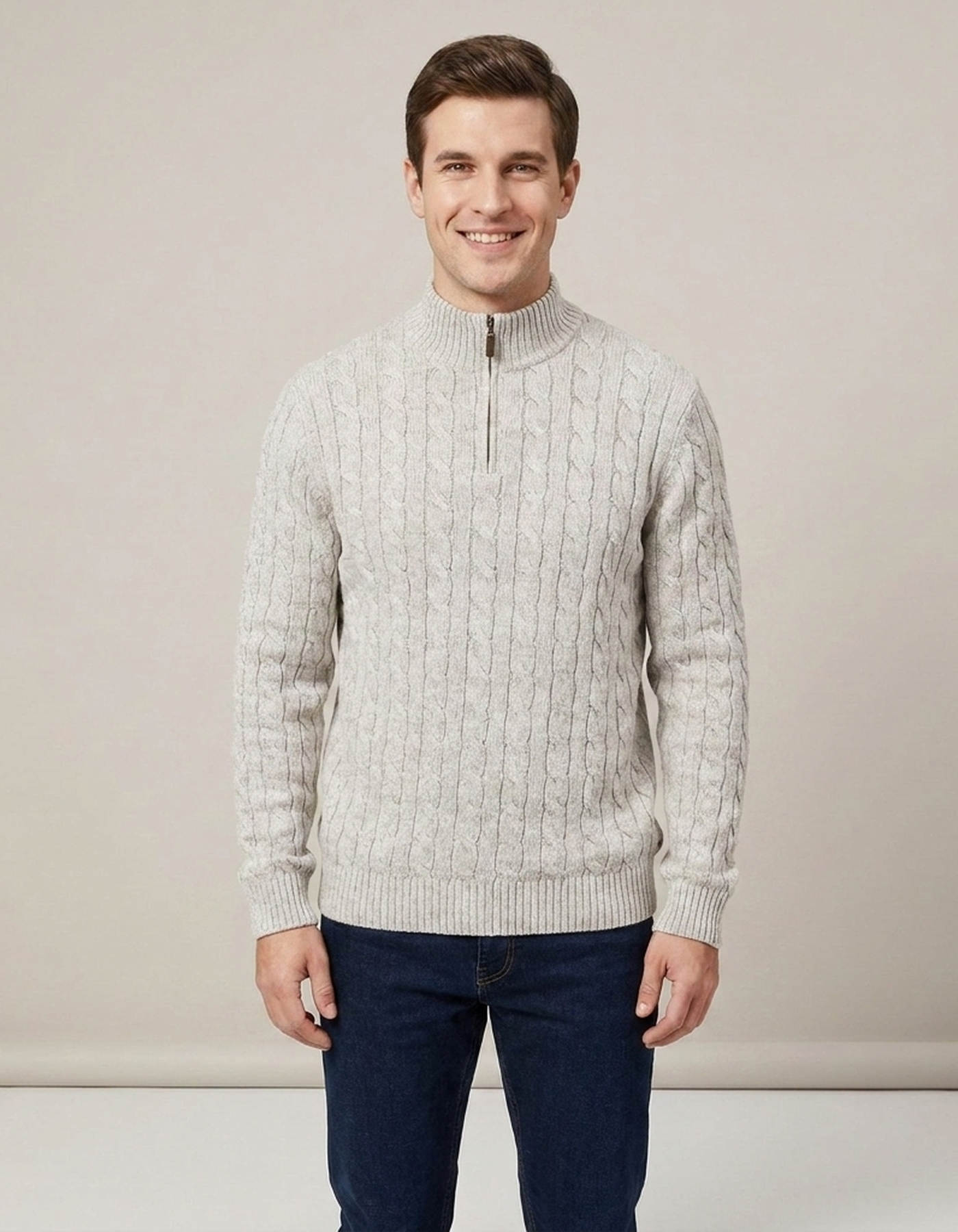 PLUXSTYLE::numise::mens-cable-textured-half-zip-sweater::front