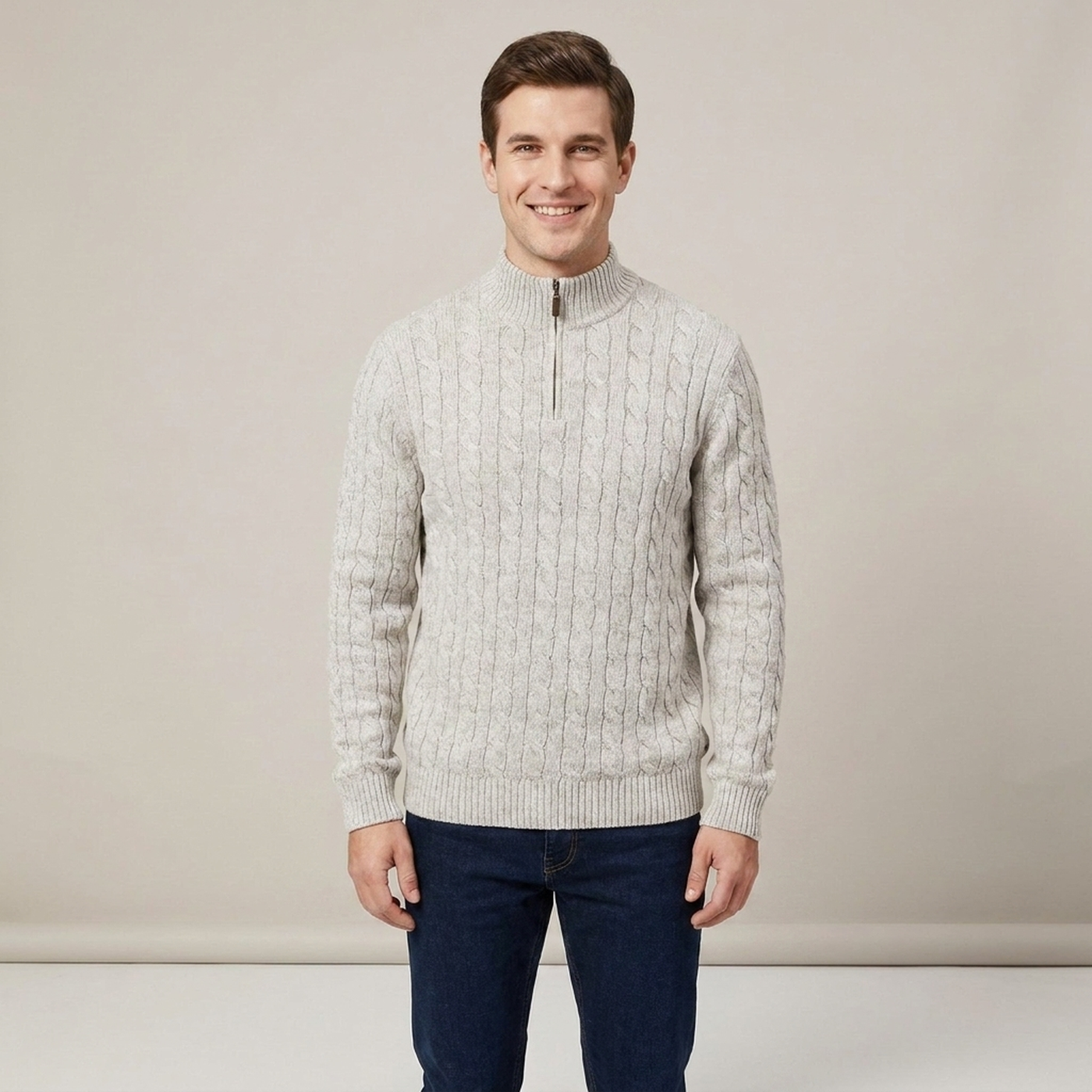 PLUXSTYLE::numise::mens-cable-textured-half-zip-sweater::front