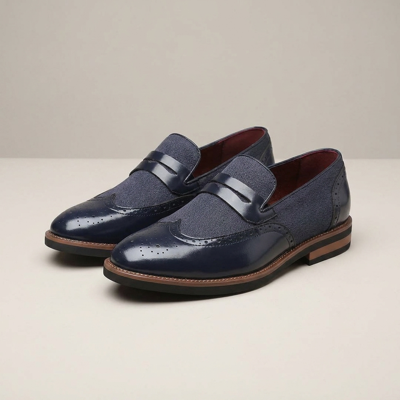 PLUXSTYLE::numise::mens-wingtip-strap-loafers::pack-navy-blue