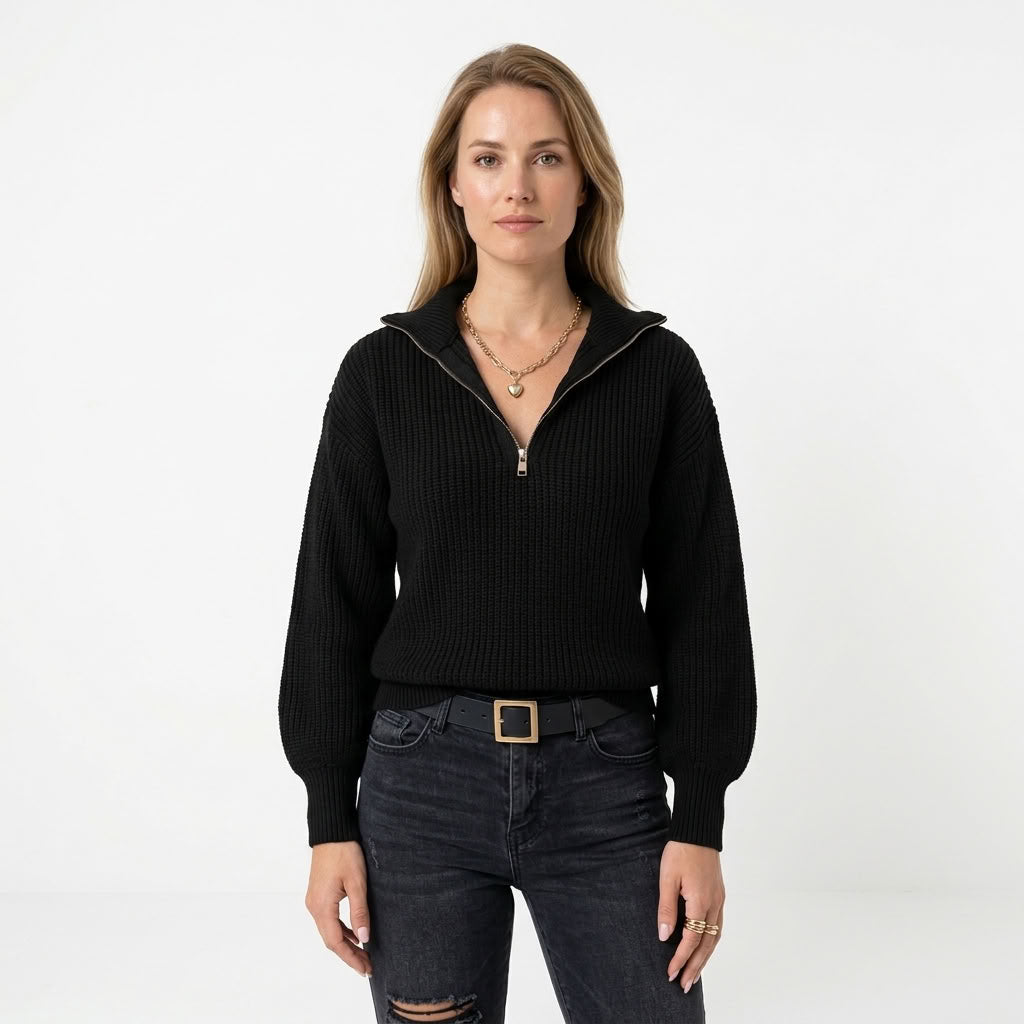 Avery | Winterpullover für Damen mit halbem Reißverschluss, Kragen und Strickmuster