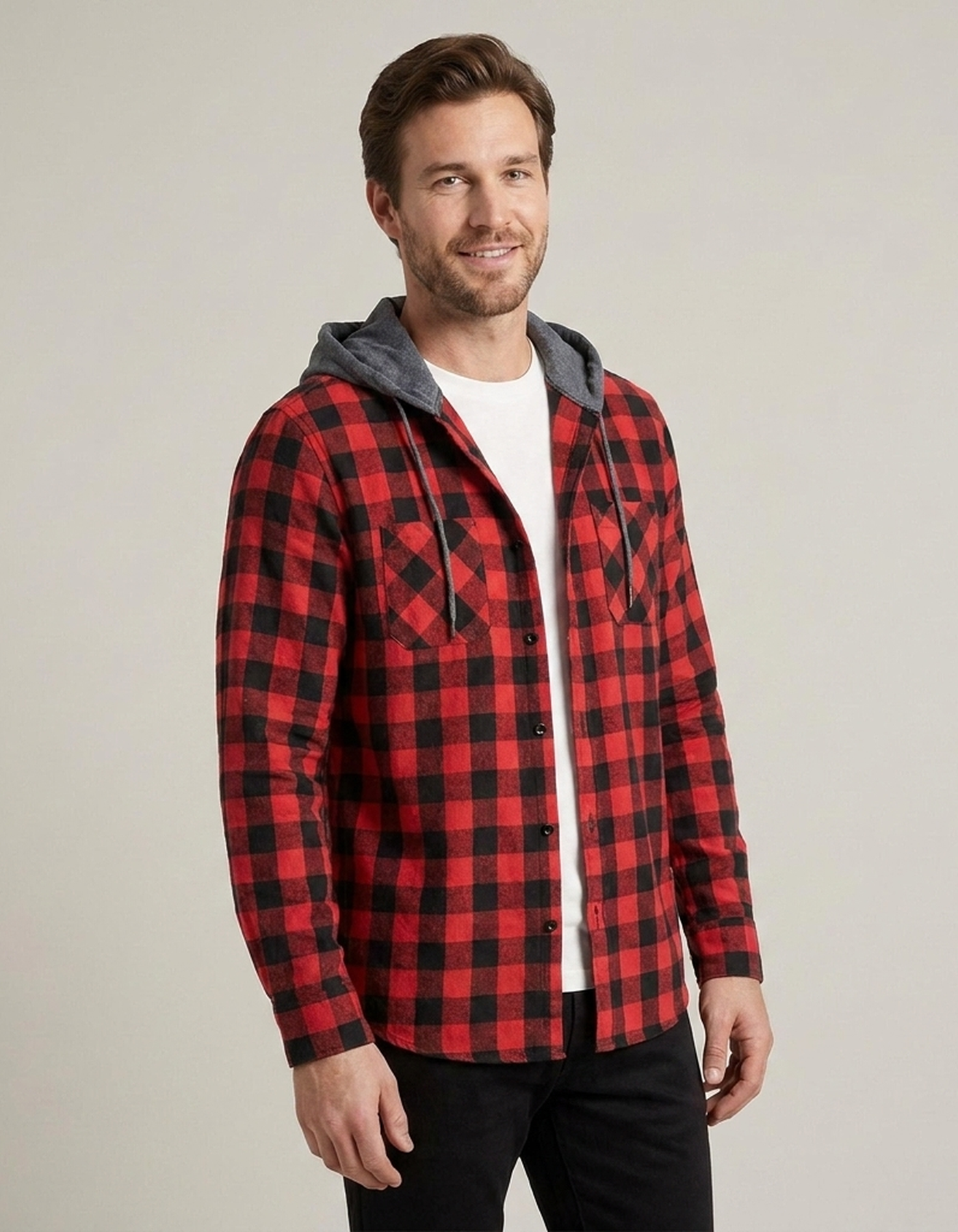 PLUXSTYLE::numise::mens-relaxed-hooded-plaid-top::front