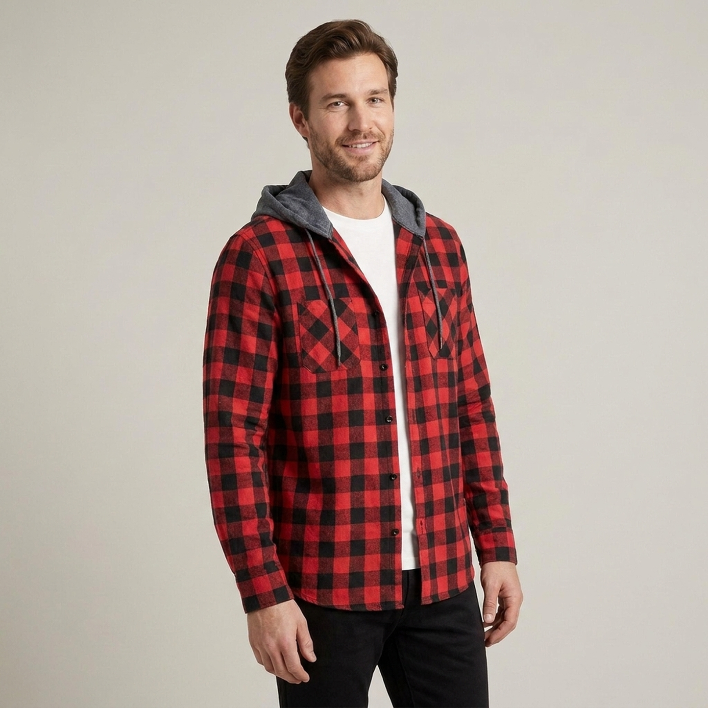 PLUXSTYLE::numise::mens-relaxed-hooded-plaid-top::front
