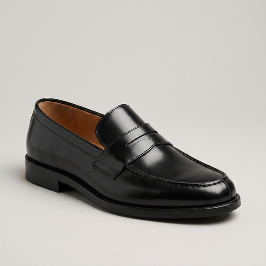 PLUXSTYLE::numise::mens-black-penny-loafers::closeup-hero