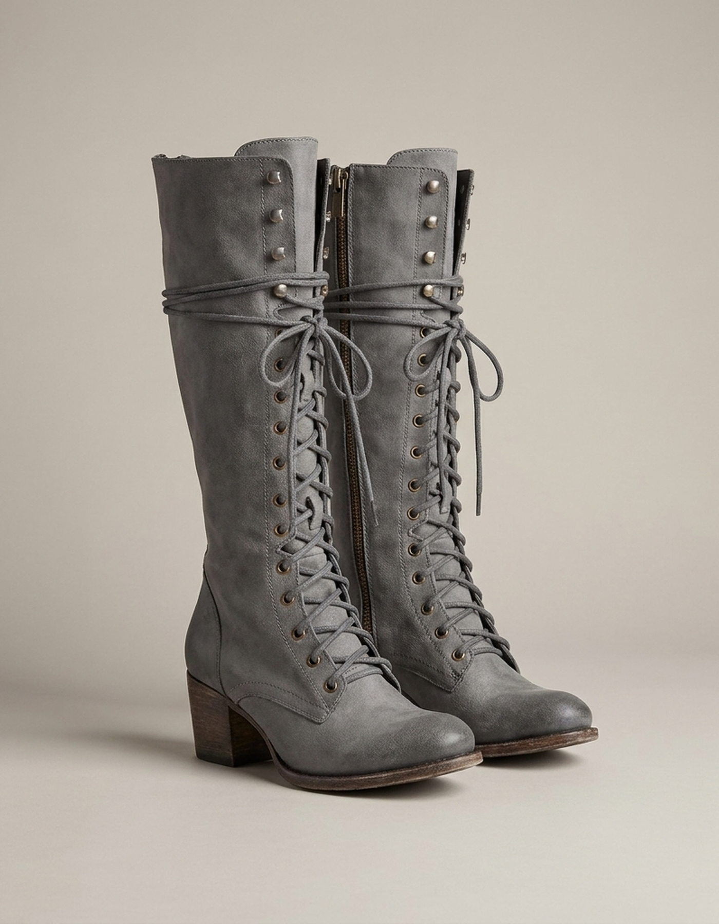PLUXSTYLE::numise::womens-lace-up-knee-high-boots::pack-grey