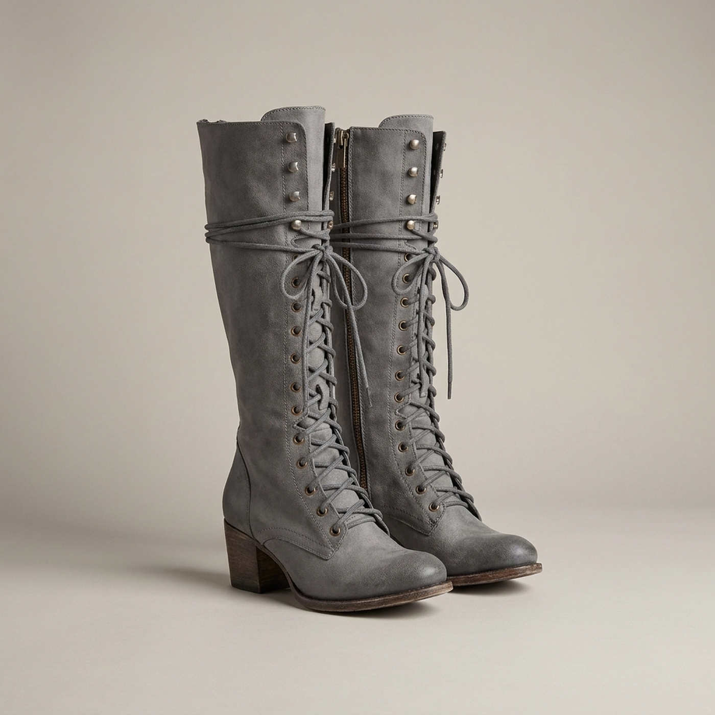 PLUXSTYLE::numise::womens-lace-up-knee-high-boots::pack-grey