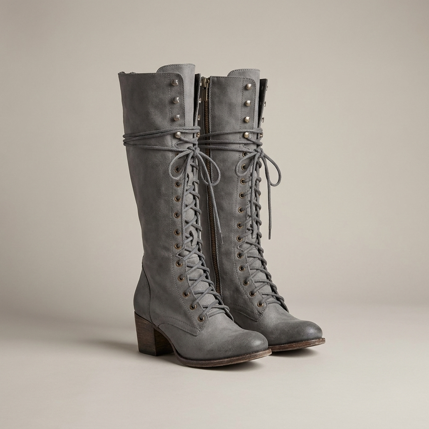 PLUXSTYLE::numise::womens-lace-up-knee-high-boots::pack-grey