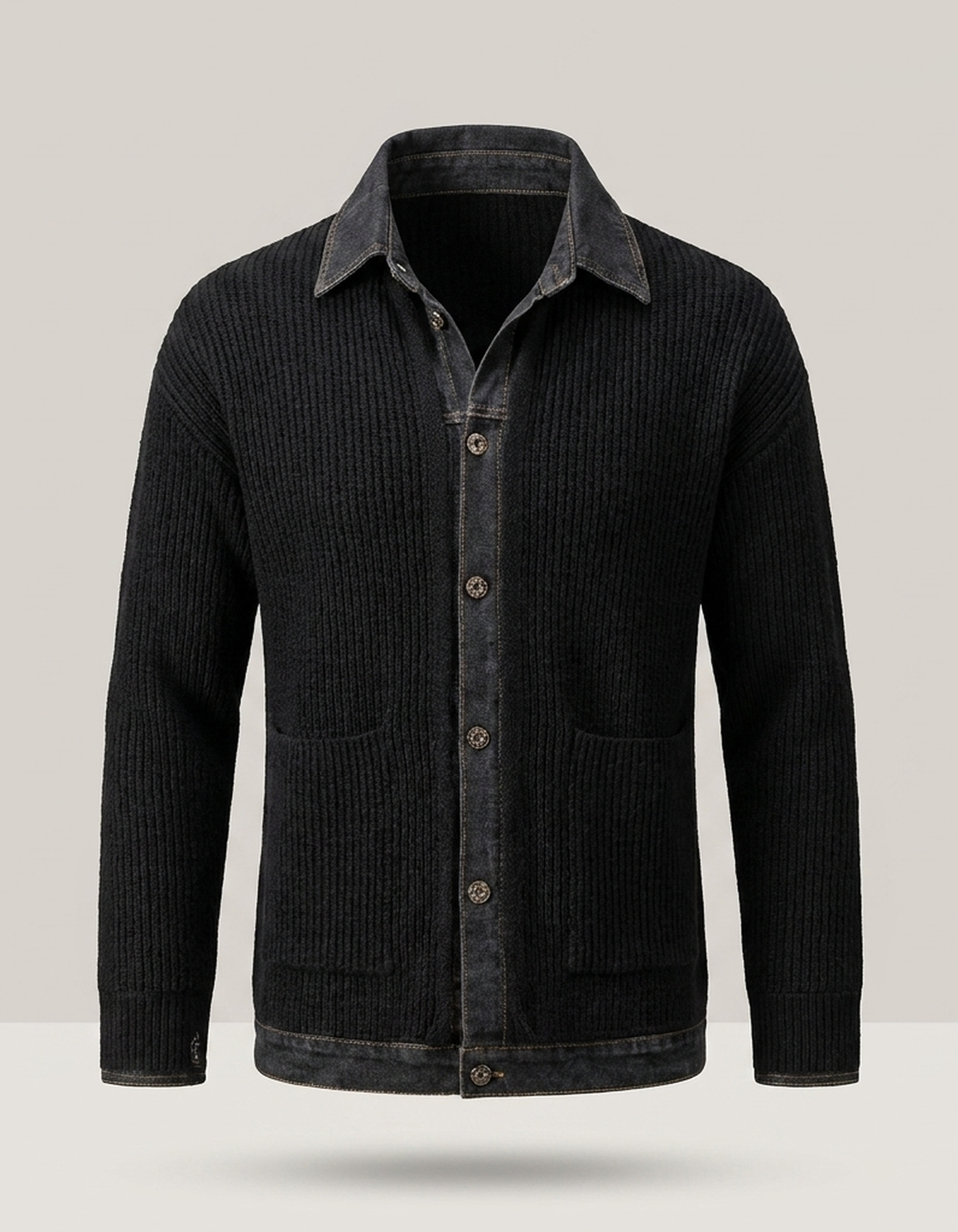 PLUXSTYLE::numise::mens-collared-cardigan::pack-black