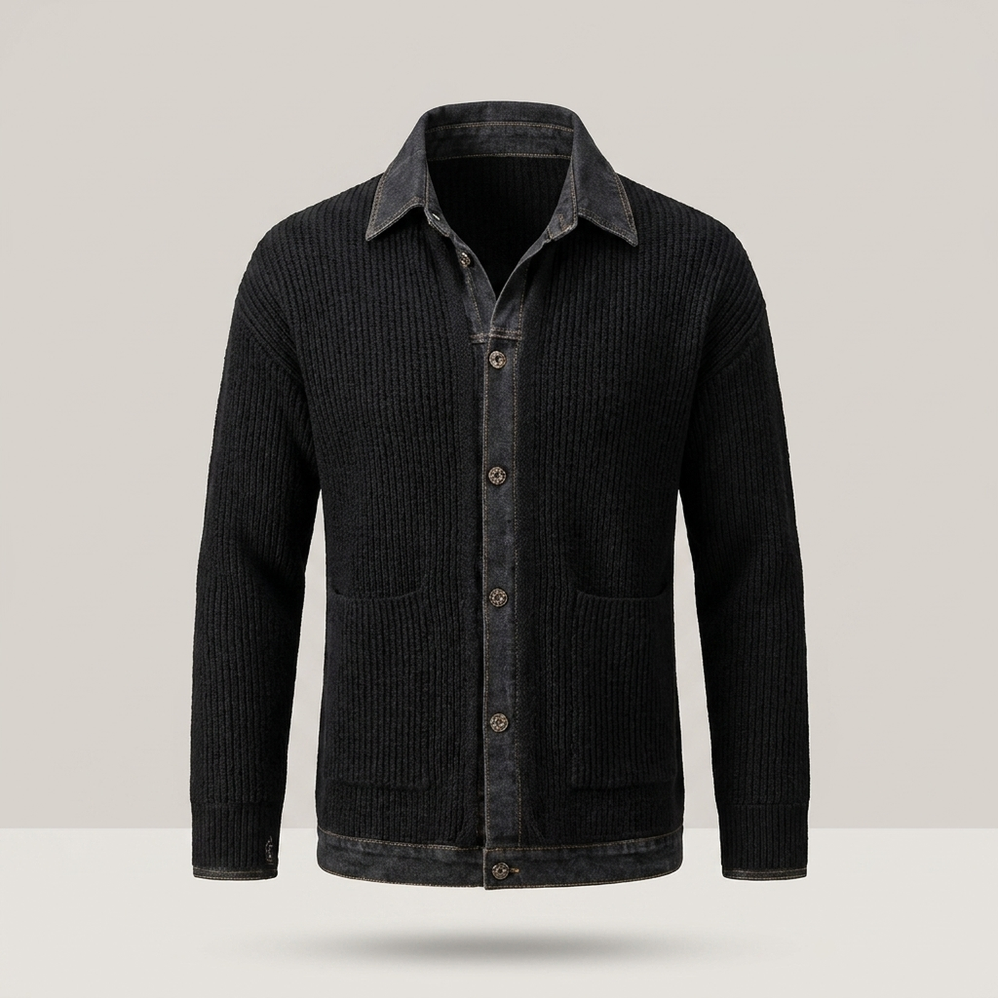 PLUXSTYLE::numise::mens-collared-cardigan::pack-black