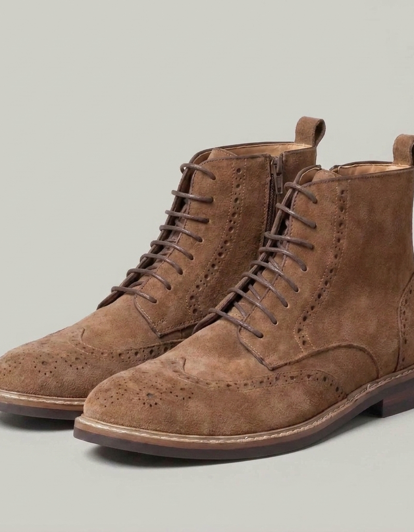 PLUXSTYLE::numise::mens-side-zip-brogue-ankle-boots::closeup-detail