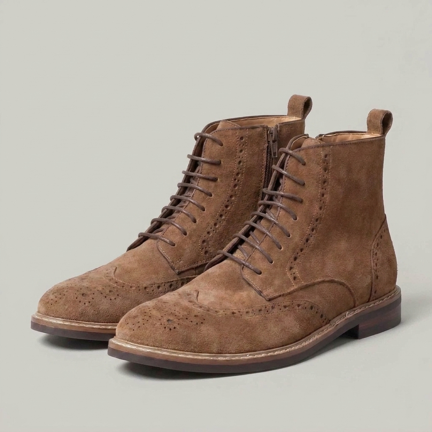 PLUXSTYLE::numise::mens-side-zip-brogue-ankle-boots::closeup-detail