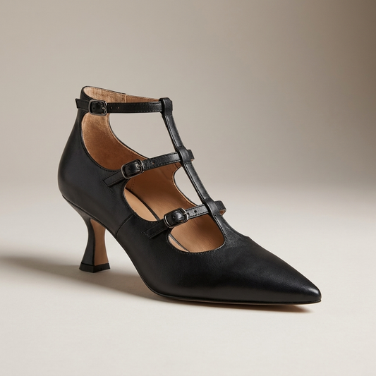 PLUXSTYLE::numise::pointed-t-bar-mid-heel-footwear::closeup-hero