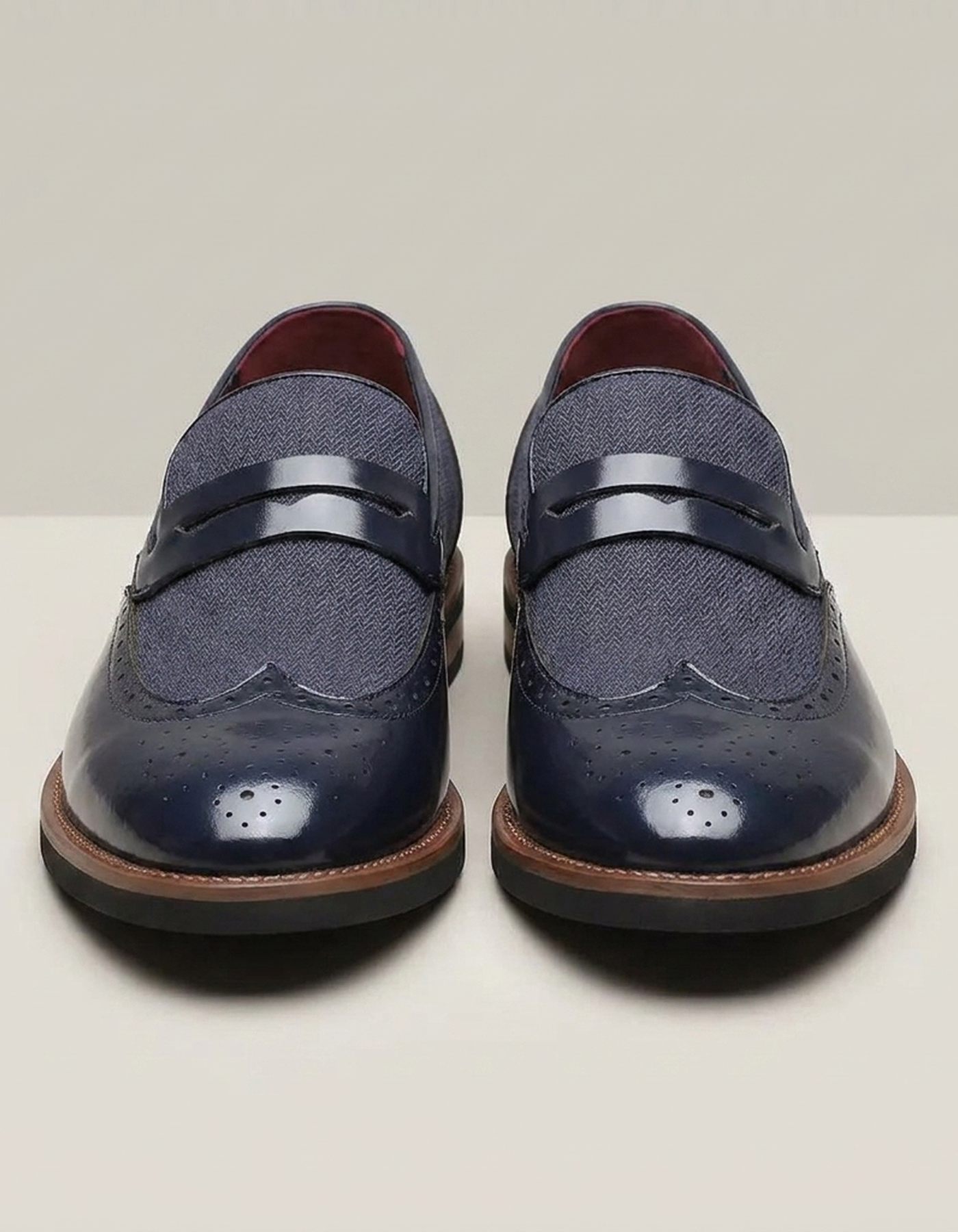 PLUXSTYLE::numise::mens-brogue-penny-loafers::pack-navy-blue